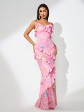 Open Back Jacquard Ruffle Maxi Dress